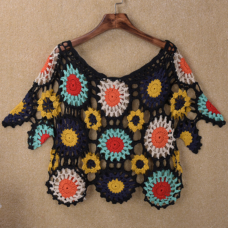 Handmade Crochet Hollow-Out Knit Floral Stitched Top