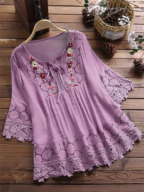 Oversized Embroidered Lace Crochet Mid Length Sleeve Shirt