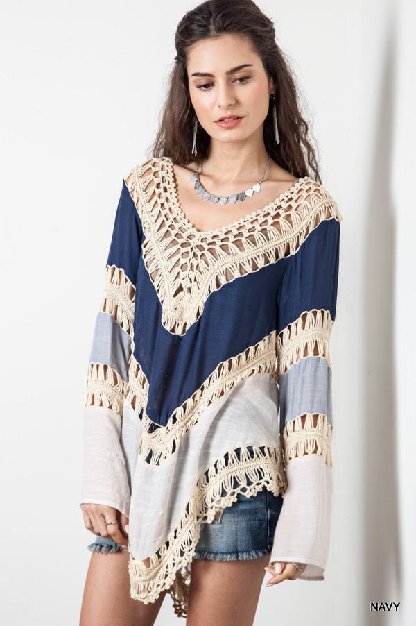Knit Crochet Woven Long Sleeve Top