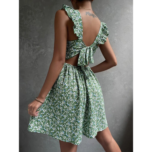 Ruffled Sleeveless Dress Southern Bow-Tie Backless Design