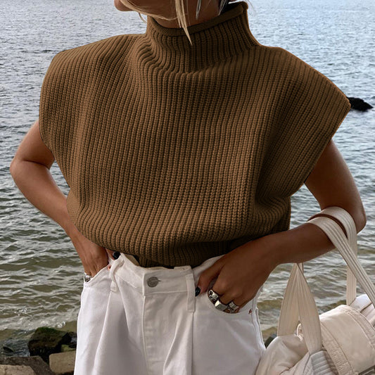 Women's Solid Color Turtleneck Sweater With Short Sleeves Top
