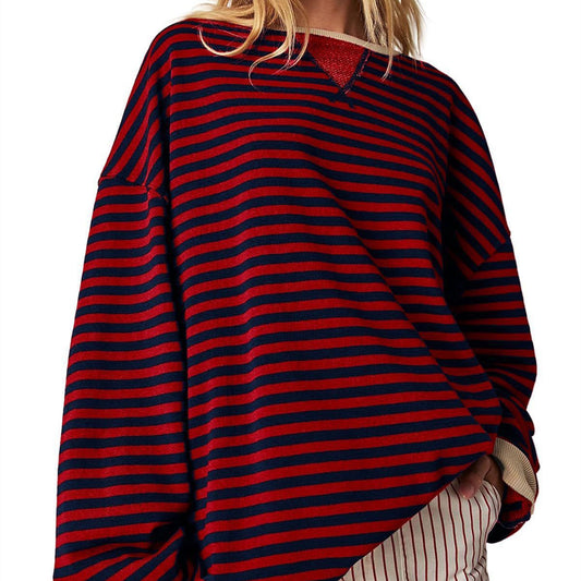 Women's Striped Embroidered Stitching Color-inserted Pullover Sweater