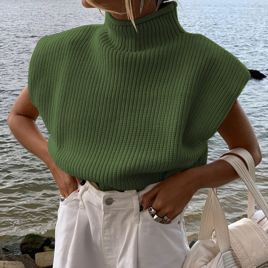 Women's Solid Color Turtleneck Sweater With Short Sleeves Top