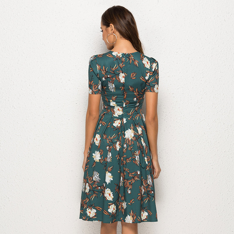 Green Modest Short Sleeve Knee Length Floral Dress