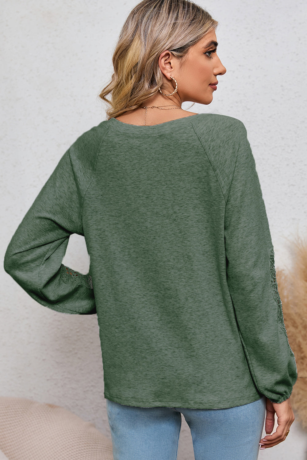 Green V-Neck Embroidered Long Sleeve Top