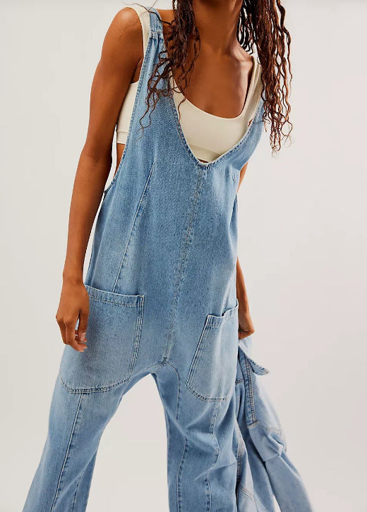 Solid Color Artistic Casual Suspender Trousers Overalls