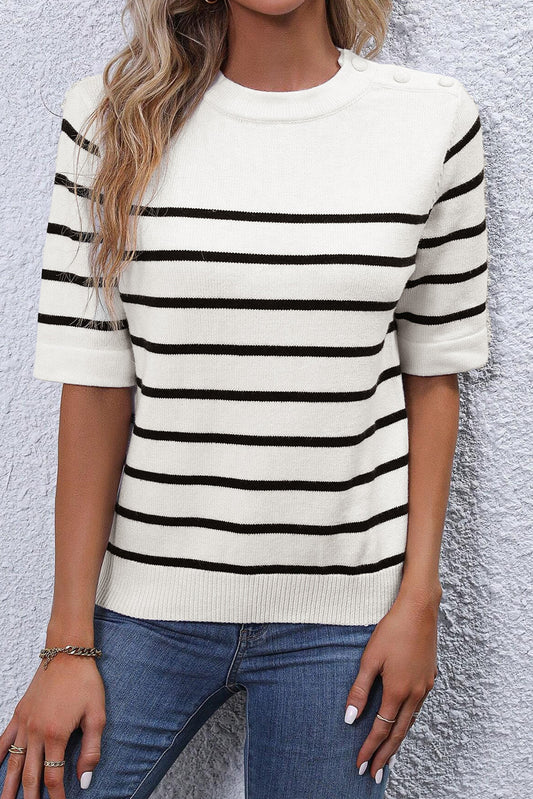 Striped Half Sleeve Knitted Black and White Top