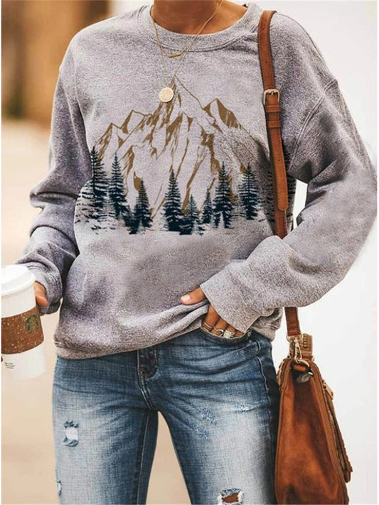 Casual Loose Forest Print Long Sleeve Sweatshirt PNW