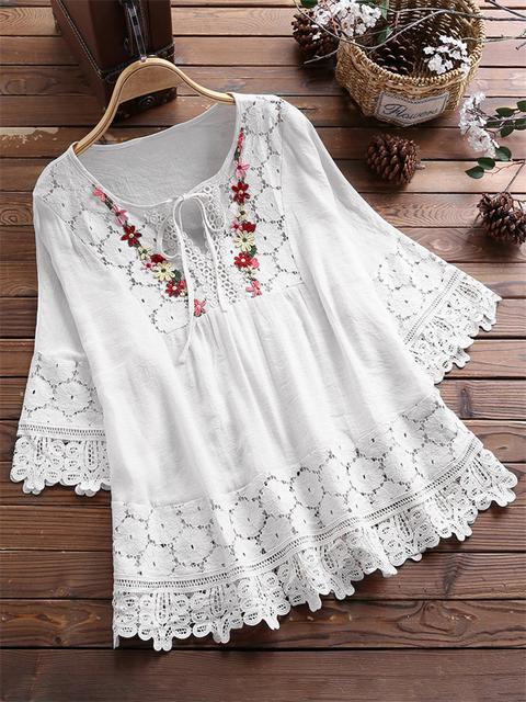 Oversized Embroidered Lace Crochet Mid Length Sleeve Shirt