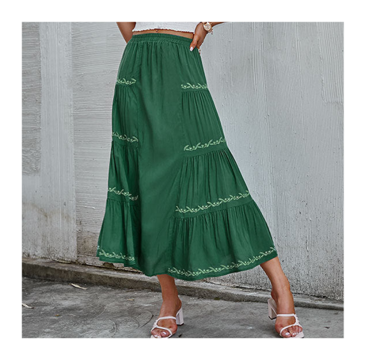 High Waist Green Embroidered Skirt
