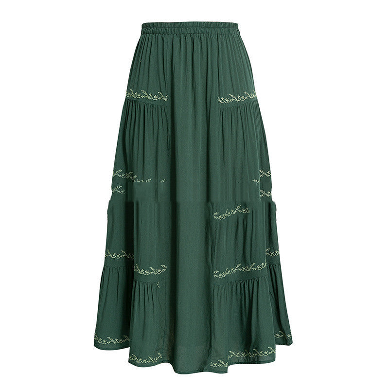 High Waist Green Embroidered Skirt