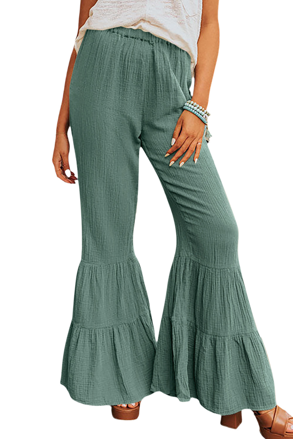 Eco Friendly Linen Cotton Tiered Ruffle Flare High Waisted Pants