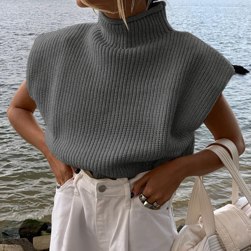 Solid Color Turtleneck Sweater Top With Short Sleeves