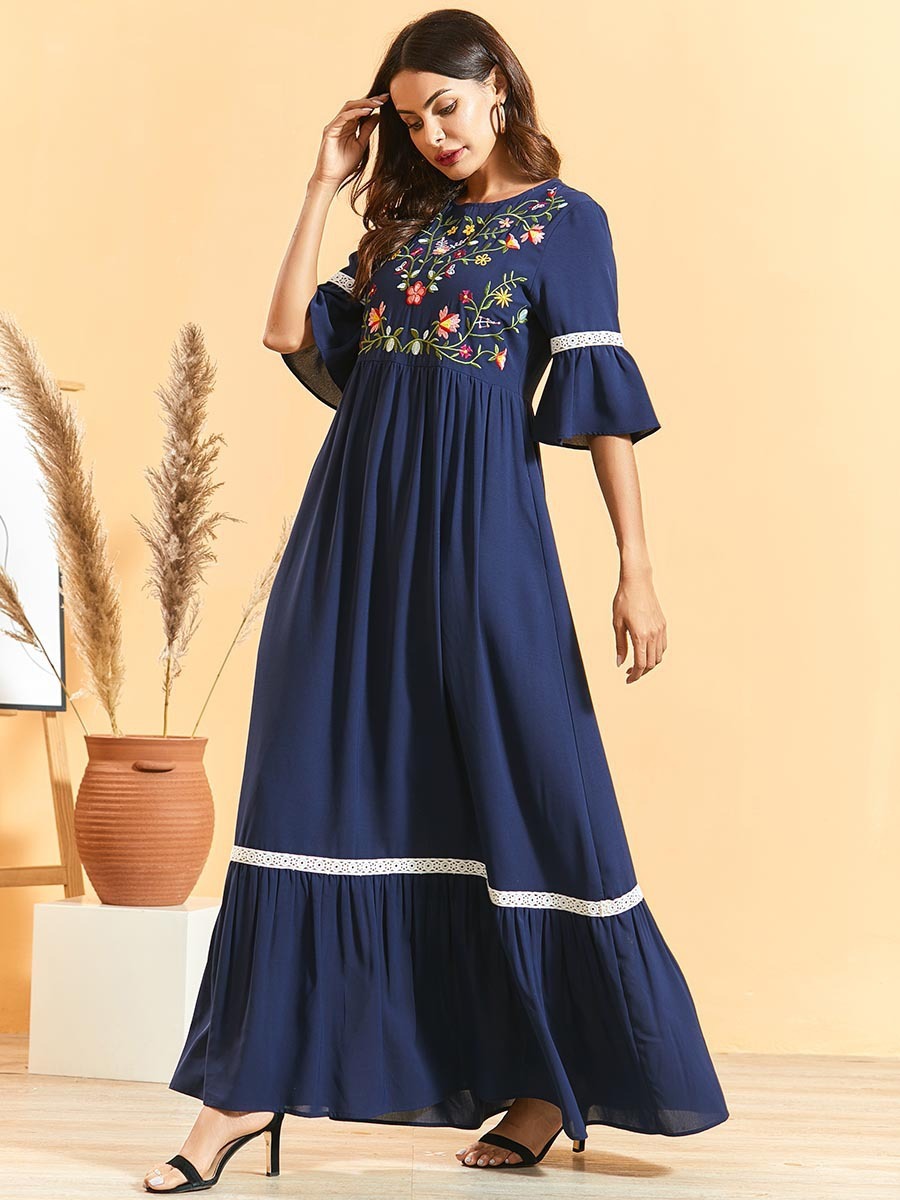 Spicy Knit Embroidered Stitched Ethnic Spanish Style Maxi Dress