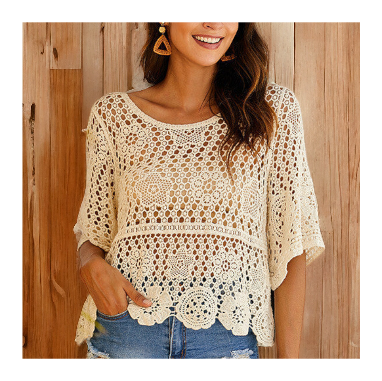 Crochet Embroidered Knitwear Mid Sleeve Top