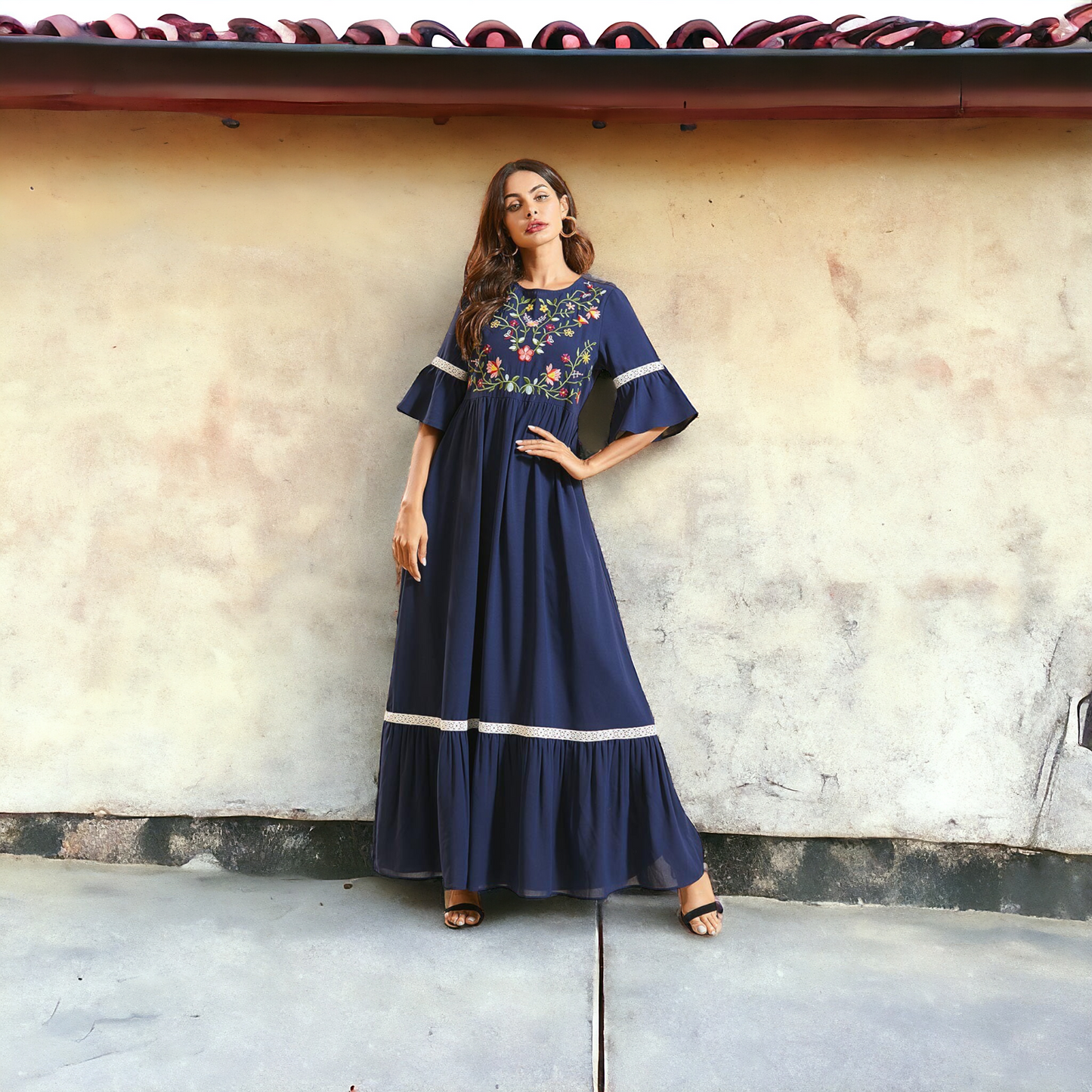 Spicy Knit Embroidered Stitched Ethnic Spanish Style Maxi Dress