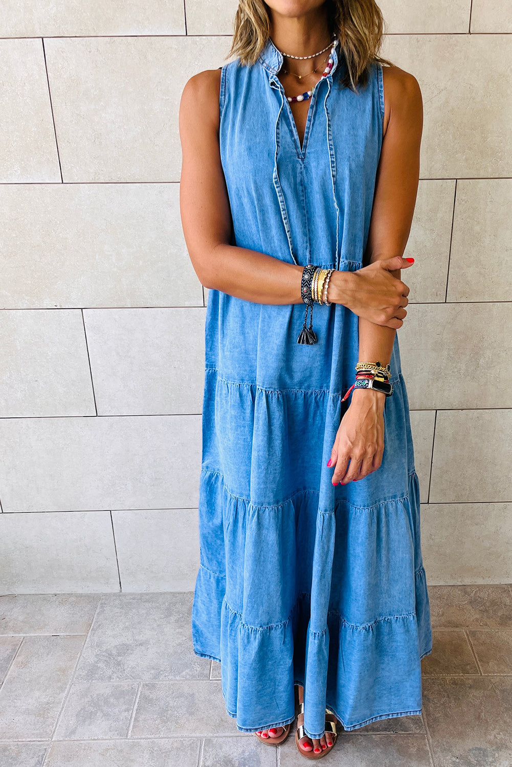 Vintage Blue Sleeveless Denim Maxi Dress
