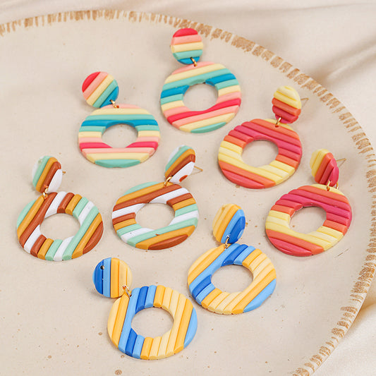 Bohemian Aggregate Clay Clay Round Earrings Rainbow Stripe Multicolor