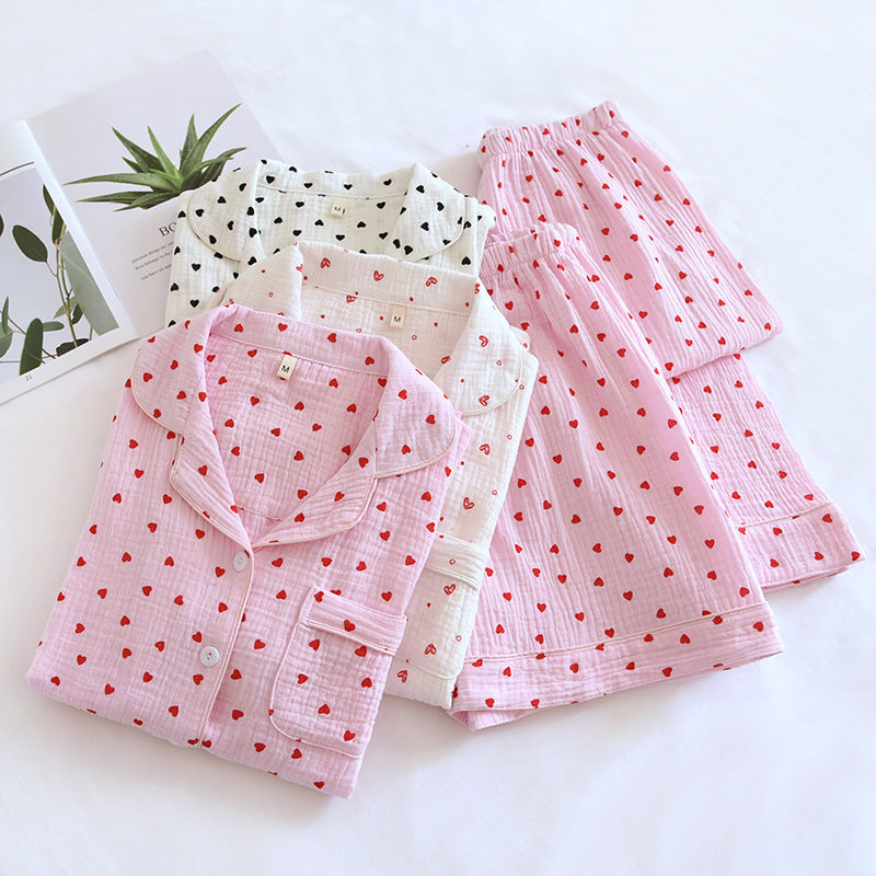 Small Heart Shorts Trousers Three Piece Linen Pajamas Set