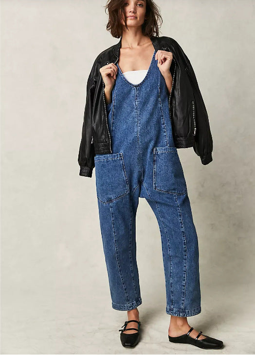 Solid Color Artistic Casual Suspender Trousers Overalls