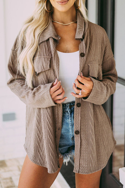 Khaki Casual Textured Button Front Oversized Knit Shacket