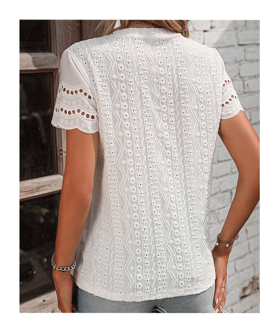 White Embroidered Short Sleeve Lace Blouse