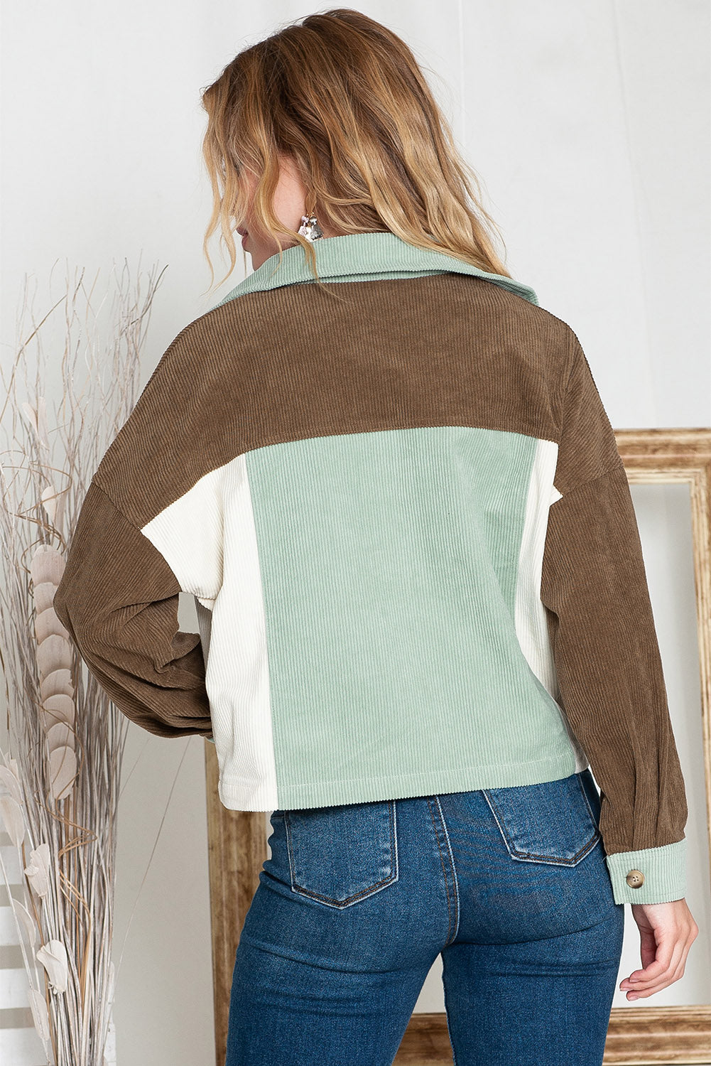 Green Color Block Button Up Cropped Corduroy Jacket