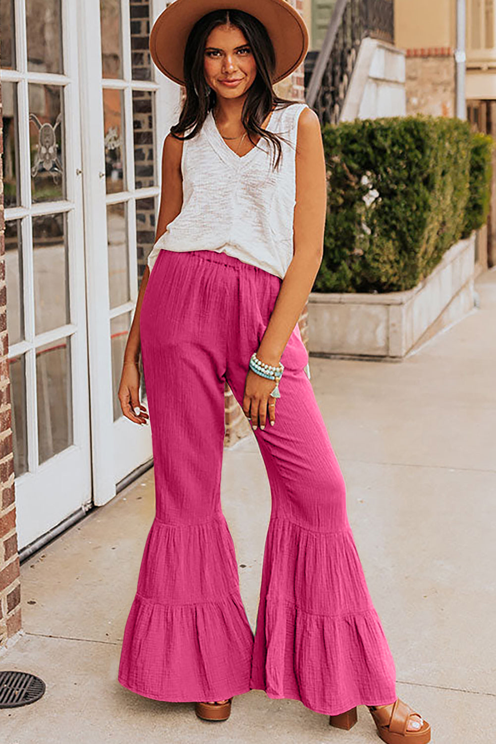 Eco Friendly Linen Cotton Tiered Ruffle Flare High Waisted Pants