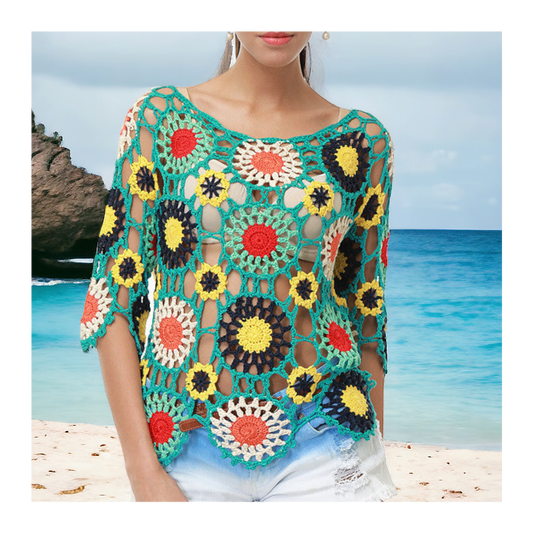Handmade Crochet Hollow-Out Knit Floral Stitched Top