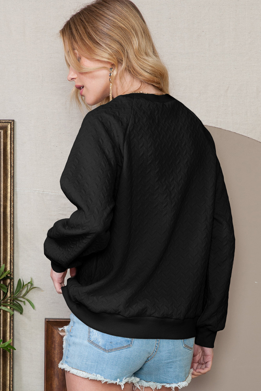 Black Solid Color Textured Raglan Sleeve Pullover Sweatshirt