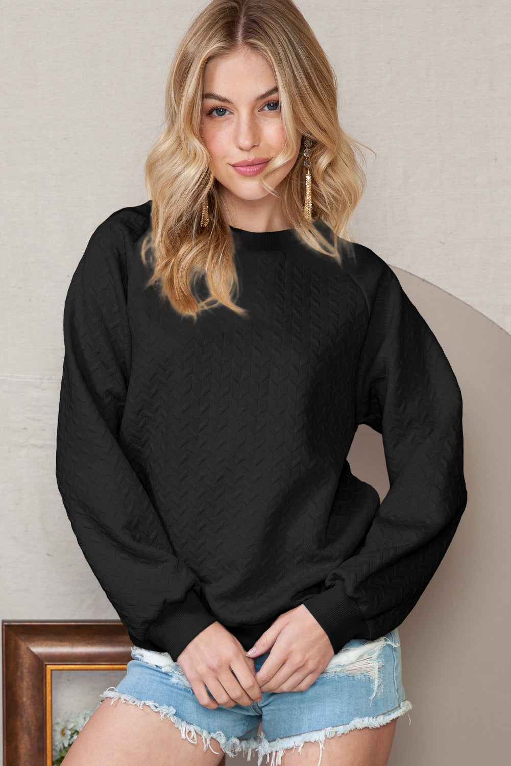 Black Solid Color Textured Raglan Sleeve Pullover Sweatshirt